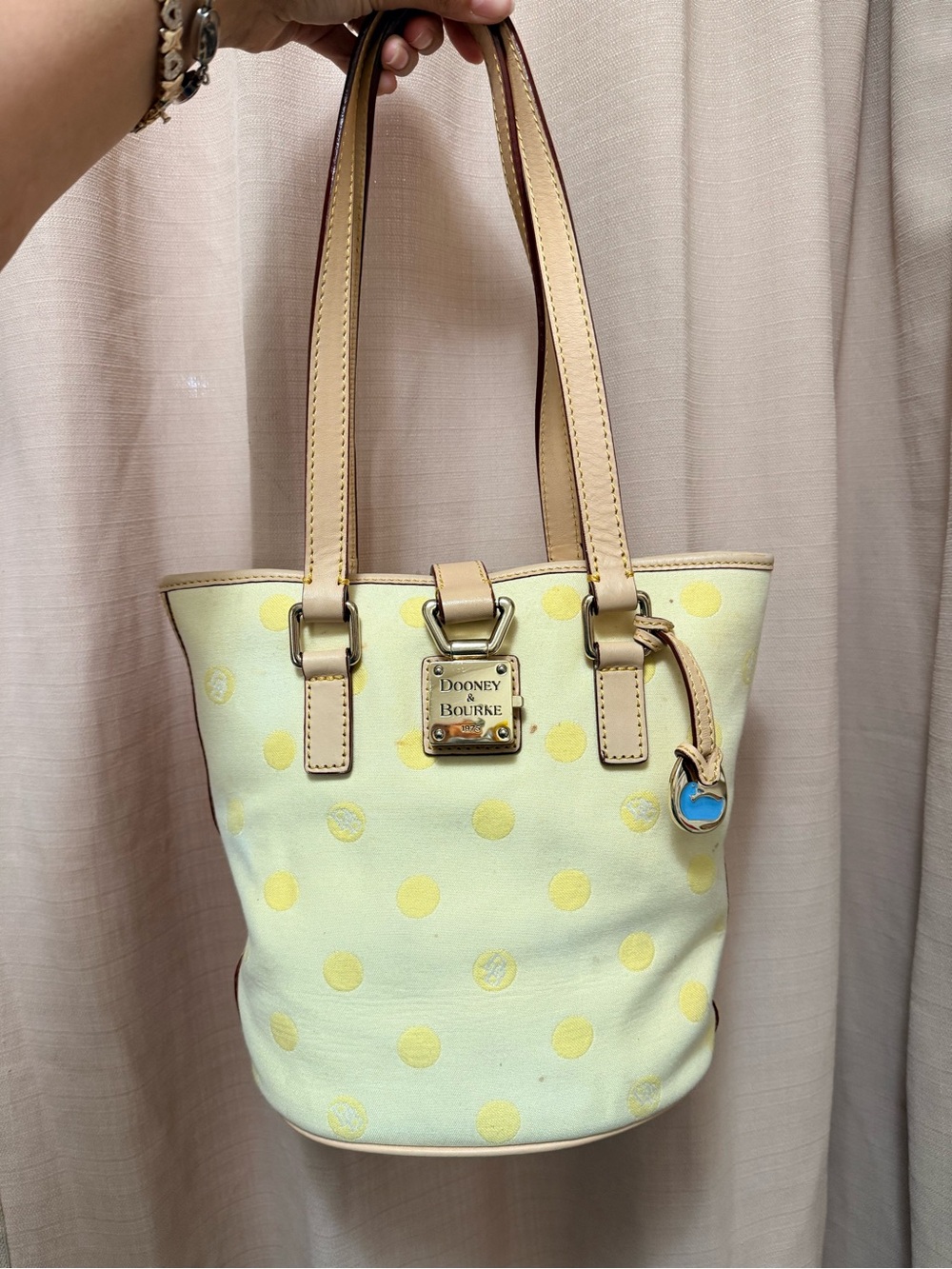 Dooney & Bourke Lemon Yellow Polka Dot Bucket Tote with Tan Trim